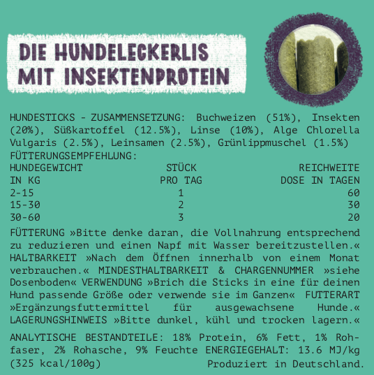 Tenetrio Hundesticks mit Insektenprotein - Alge + Grünlippmuschel
